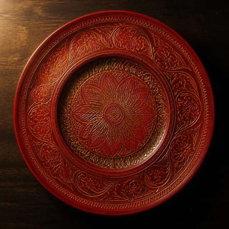 A finished naqshi plate revealing rainbow-etched patterns